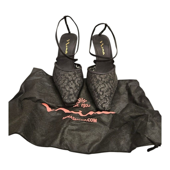 Nina Women's Black Glitter Slingback Heels Size 8.5 - Picture 3 of 8